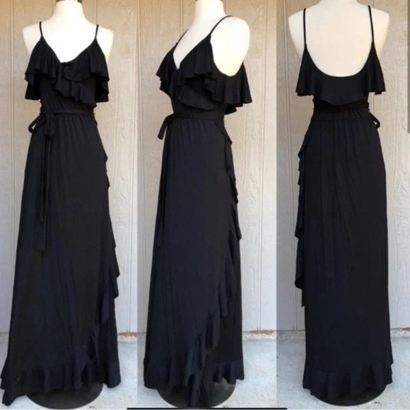 Rachel Pally Lita Black Dress Wrap Front Ruffle Trim I XS I Jersey Knit - Picture 1 of 11